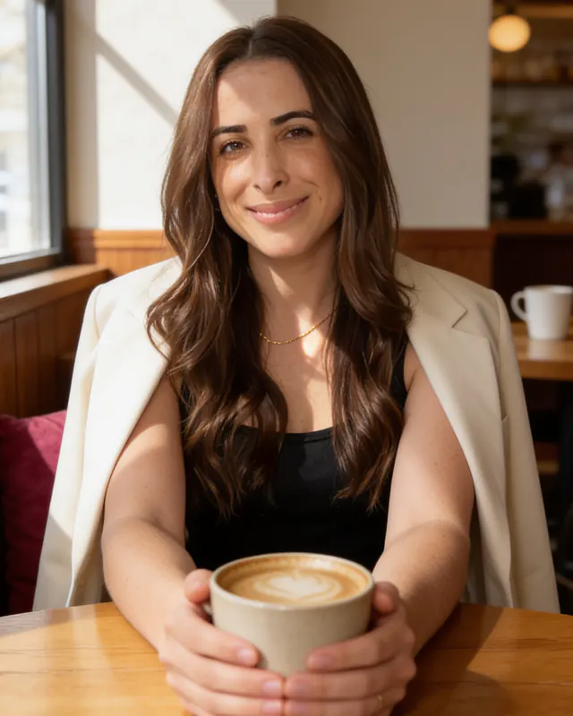 Isa sitting in a cafe, holding a cup of coffee in both hands, looking at the camera