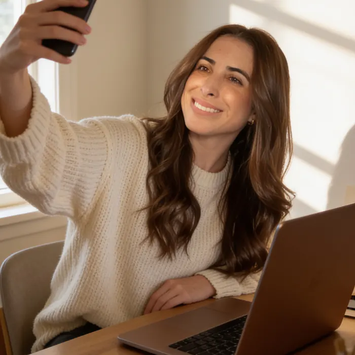 Isa at her desk, filming herself with her phone in one hand and her laptop open in front of her